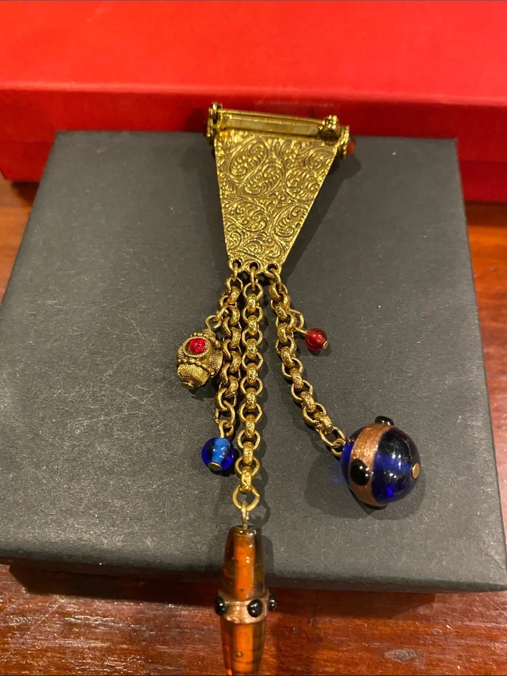 1928 Brand Vintage-Inspired Gold Tone Blue & Red Dangle Art Glass Brooch
